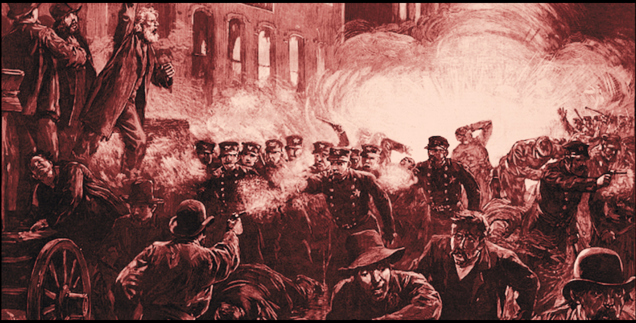 Old illustration of police clashing with demonstrators